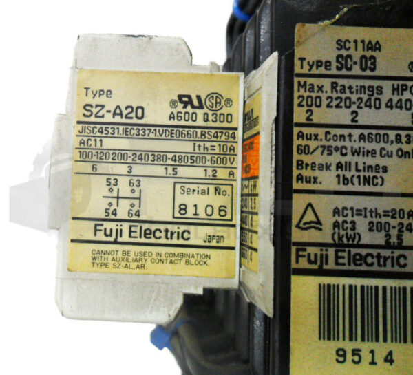 (2) FUJI ELECTRIC SC-03 CONTACTOR 11A W/ TR-0N OVERLOAD RELAY W/ (2) SZ-A20 - Image 5