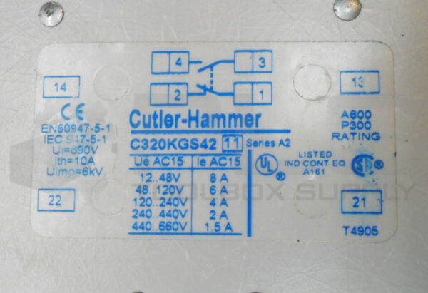 CUTLER HAMMER CE15SN3 /A1 CONTACTOR W/ C320KGS42 AUXILIARY CONTACT W/ 1891-1 - Image 5