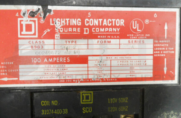 SQUARE D 8903 S002 /A LIGHTING CONTACTOR 100A 600VAC 250VDC W/ 31074-400-38 COIL - Image 6