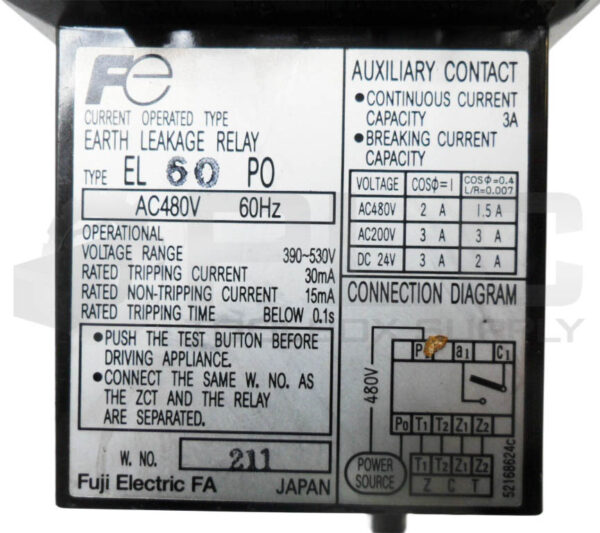 FUJI ELECTRIC EL 60 P0 EARTH LEAKAGE PROTECTIVE RELAY 480VAC 60HZ 3A - Image 5