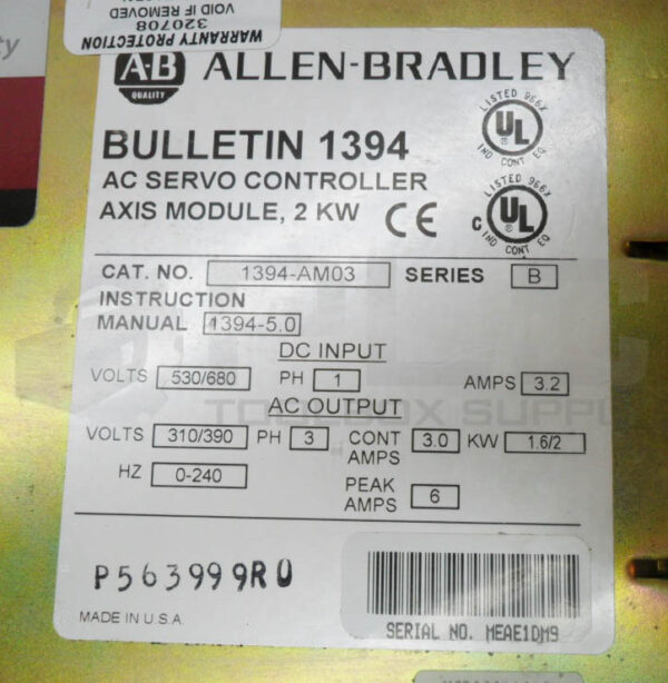 ALLEN BRADLEY 1394-AM03 /B AC SERVO CONTROLLER 3.2A 530-680V 1PH *READ* - Image 7