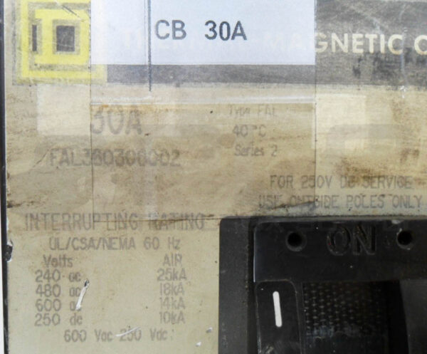 SQUARE D FAL360308002 /2 MAGNETIC CIRCUIT BREAKER 30A 600VAC 250VDC - Image 5