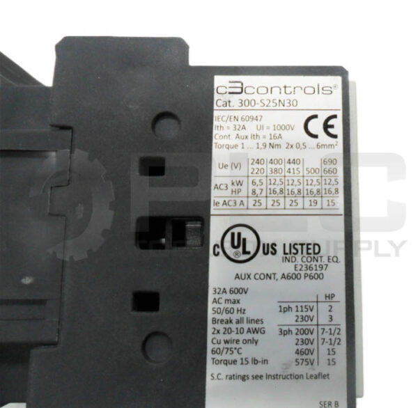 NEW C3 CONTROLS 300-S25N30F10 CONTACTOR 25A 240V 60HZ 3P 300-S25N30 - Image 6
