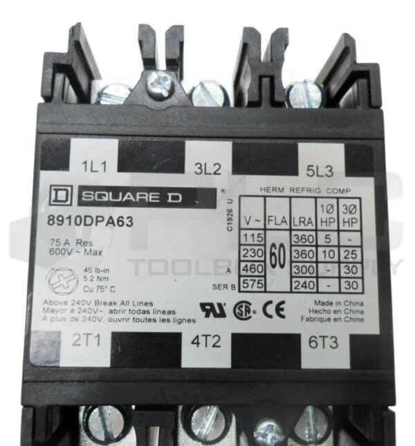SQUARE D 8910DPA63 DEFINITE PURPOSE CONTACTOR 75A 600V W/ 9998DA2V02 /A - Image 6