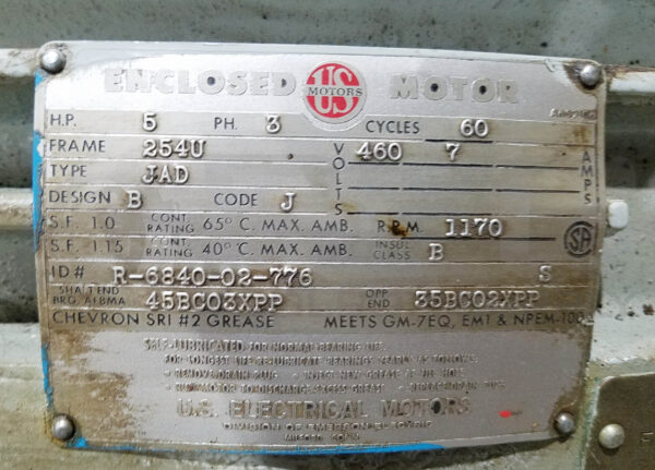 US MOTORS TYPE JAD MOTOR 5HP 3PH 1170RPM FR: 254U R-6840-02-776 - Image 6
