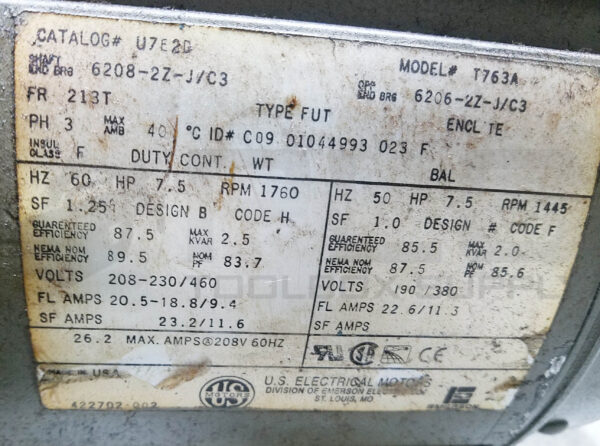 US MOTORS T763A MOTOR 7.5HP 3PH 1760RPM FR: 213T, U7E2D - Image 7