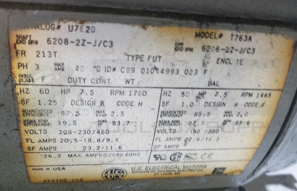 US MOTORS T763A MOTOR 7.5HP 3PH 1760RPM FR: 213T, U7E2D *READ - Image 7