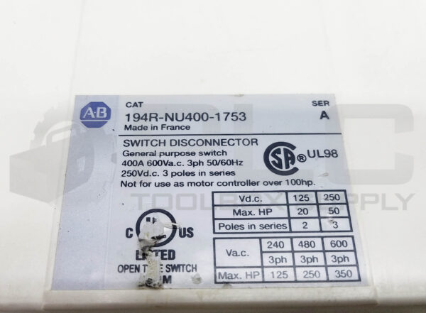 ALLEN BRADLEY 194R-NU400-1753 /A SWITCH DISCONNECTOR 400AMP 600VAC 250VDC 3PH 3P - Image 3