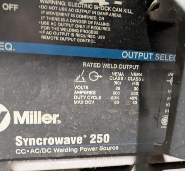 MILLER 903056 SYNCROWAVE 250 ARC WELDING POWER SOURCE AC/DC 11.4KW 1PH 60Hz - Image 4