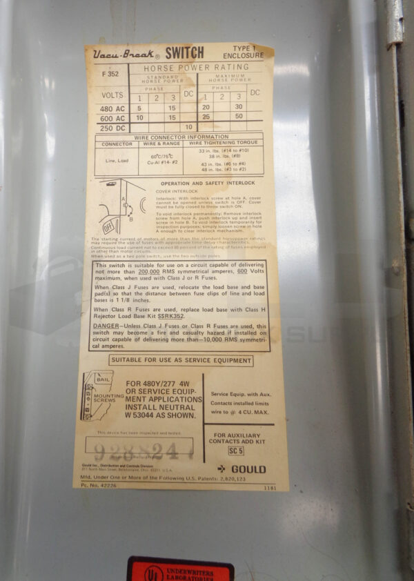 GOULD ITE F352 FUSIBLE HEAVY DUTY SAFETY SWITCH, 60AMP 600VAC - Image 5