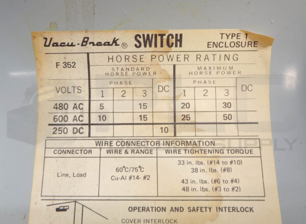 GOULD ITE F352 FUSIBLE HEAVY DUTY SAFETY SWITCH, 60AMP 600VAC - Image 6