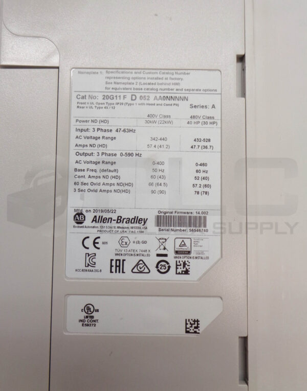 ALLEN BRADLEY 20G11FD052AA0NNNNN /A POWERFLEX 755 AC DRIVE 480V 52A F/W 14.002 - Image 7