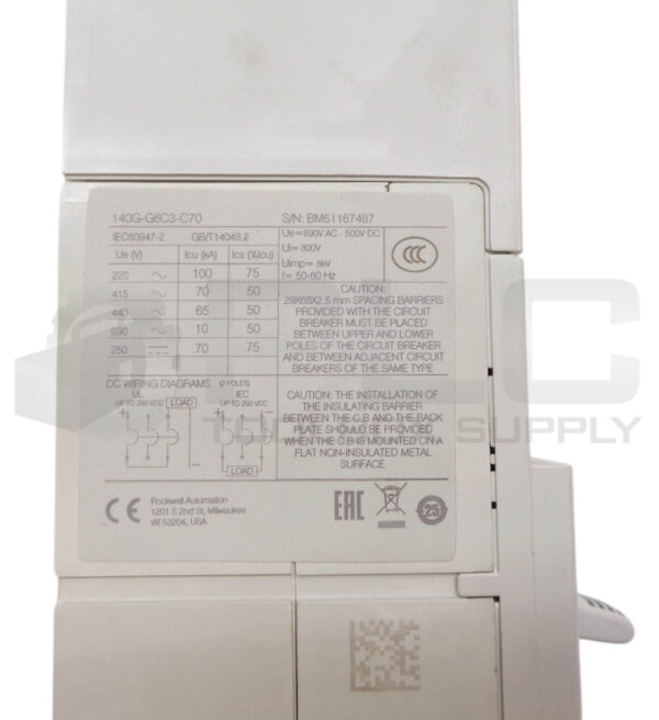 ALLEN BRADLEY 140G-G6C3-C70 CIRCUIT BREAKER 3P 140G-G6 125 W/ TERMINAL COVERS - Image 7