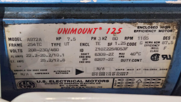 US MOTORS UNIMOUNT 125 A972A EFFICIENCY MOTOR 7.5HP 1165RPM FRAME:254TC - Image 5