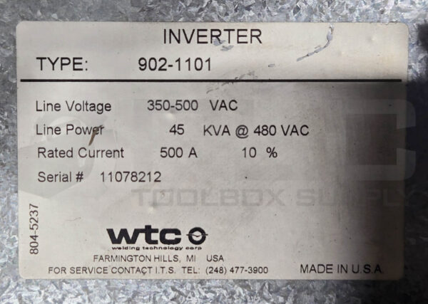 WTC 902-1101 GEN 6 MFDC INVERTER 350-500VAC 500A W/ 917-0155 G08106-00-05 CPU - Image 7