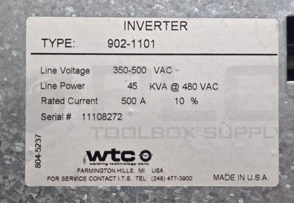 WTC 902-1101 GEN 6 MFDC INVERTER 350-500VAC 500A *READ* - Image 6