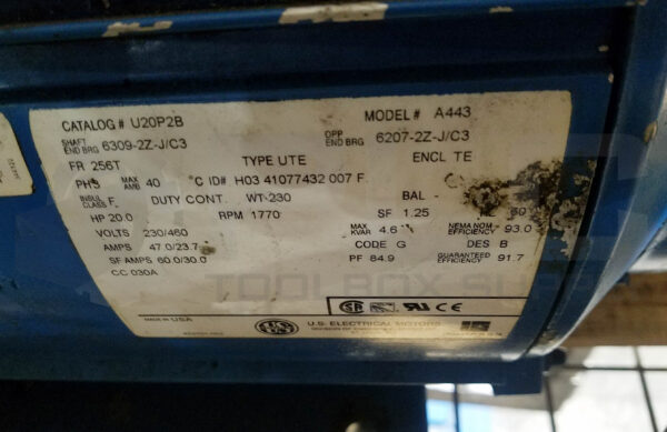 US MOTORS A443 MOTOR 20HP 3PH 1770RPM FR: 256T Cat# U20P2B *READ - Image 6