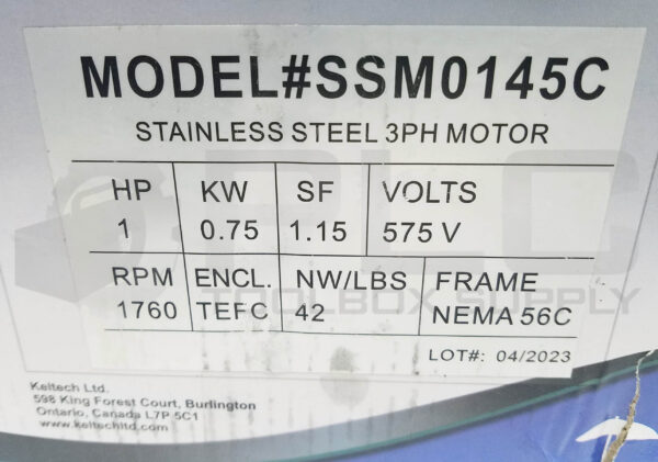 SEALED NEW KELTECH SSM0145C STAINLESS STEEL MOTOR 1HP 3PH 1760RPM FR: 56C - Image 3