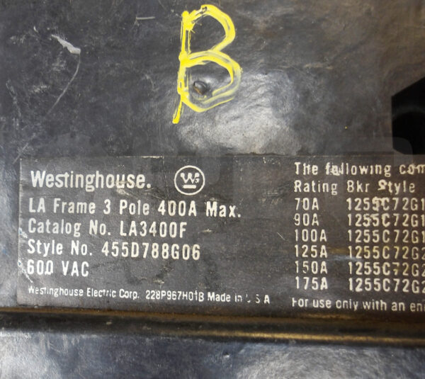 WESTINGHOUSE LA3400F CIRCUIT BREAKER 3P 400A 600VAC 455D788G06 - Image 6