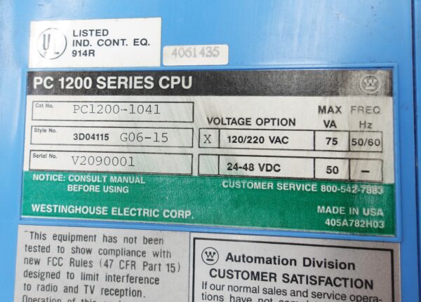 WESTINGHOUSE PC1200-1041 PROGRAMMABLE CONTROLLER 120-220VAC 50/60HZ PC1200 - Image 6