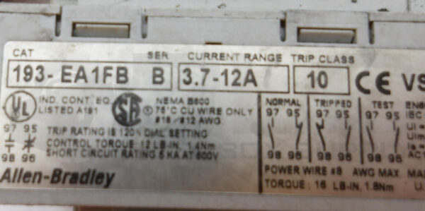 ALLEN BRADLEY 100-C12*10 /A AUXILIARY CONTACTOR W/ 193-EA1FB /B - Image 7