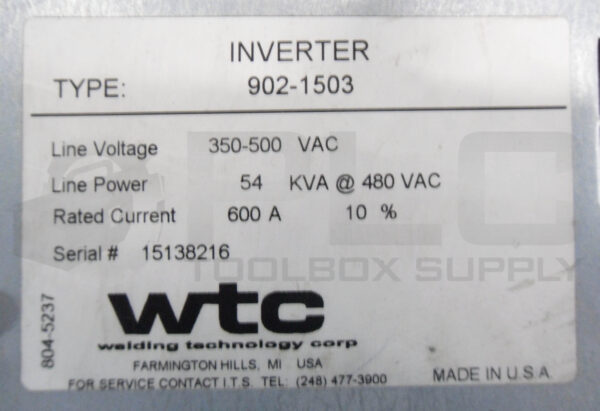WTC 902-1503 GEN 6 MFDC INVERTER 350-500VAC 600A W/ 917-0160 G08300-00-13 - Image 6