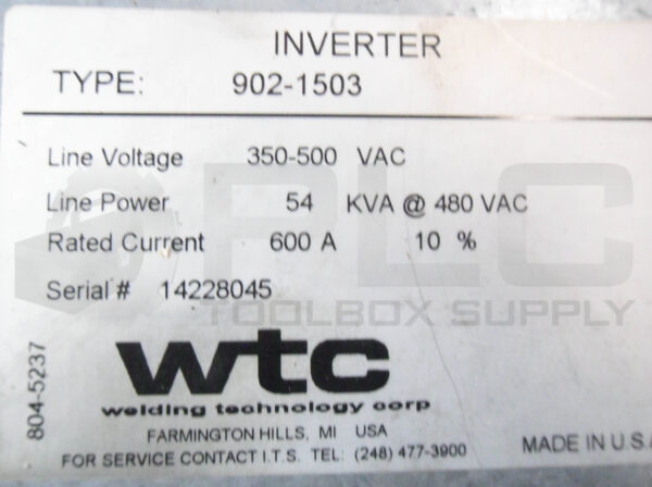 WTC 902-1503 GEN 6 MFDC INVERTER 350-500VAC 600A W/ 917-0160 G08300-00-14 - Image 7