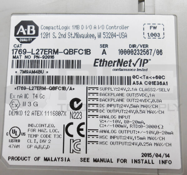 ALLEN BRADLEY 1769-L27ERM-QBFC1B /A LOGIX CONTROLLER - Image 6