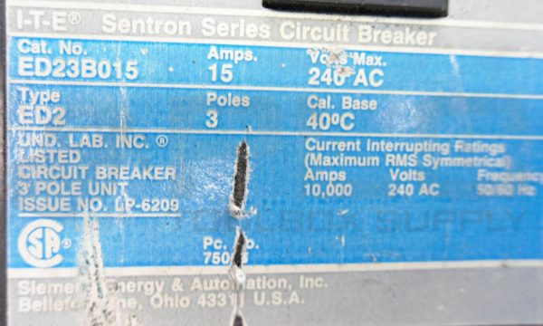 LOT OF 2 SIEMENS ED23B015 CIRCUIT BREAKER, 15AMP 3POLE 240V - Image 4