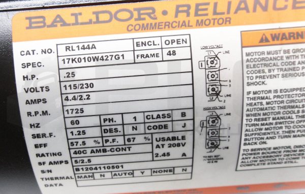 NEW BALDOR RELIANCE RL144A COMMERCIAL MOTOR .25HP FR:48 1725RPM 115/230V - Image 6