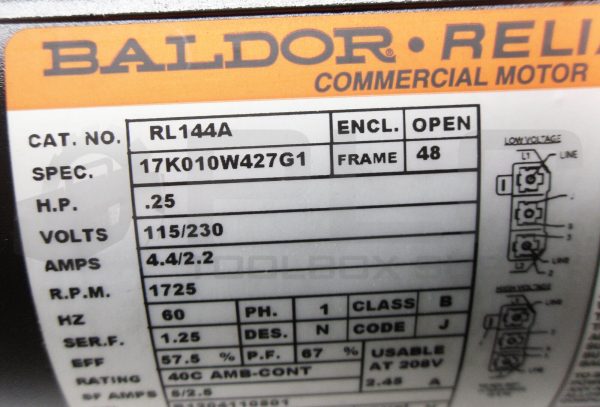 NEW BALDOR RELIANCE RL144A COMMERCIAL MOTOR .25HP FR:48 1725RPM 115/230V - Image 7