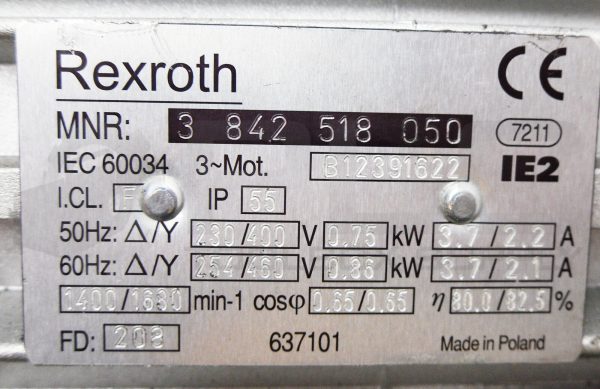 NEW REXROTH 3 842 518 050 MOTOR  50Hz-230/400V 0.75KW 3.7/2.2A *READ* - Image 7