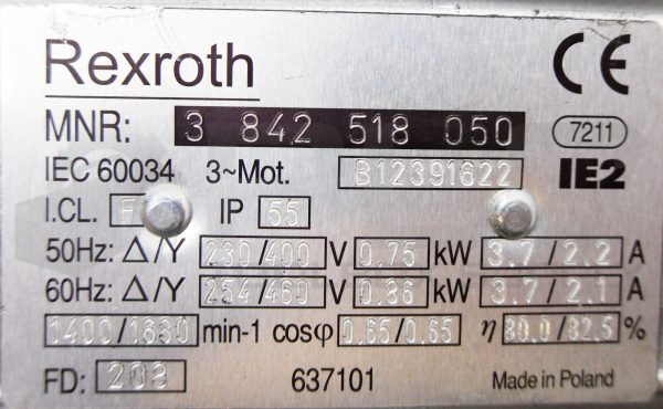 NEW REXROTH 3 842 518 050 MOTOR  50Hz-230/400V 0.75KW 3.7/2.2A *READ* - Image 8