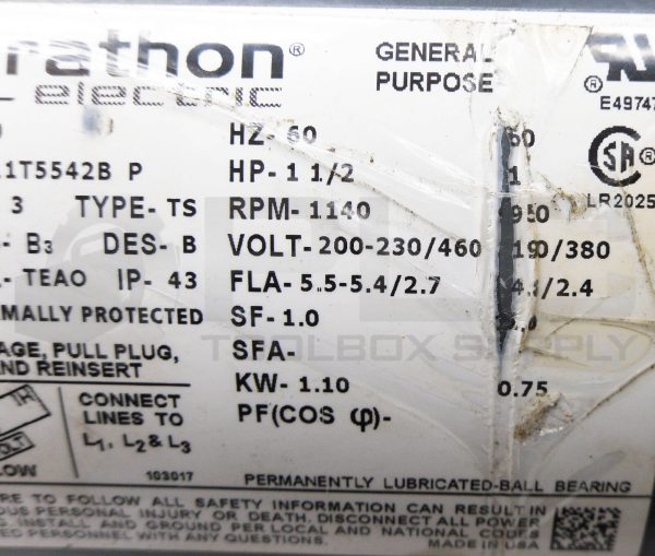 MARATHON ELECTRIC 4051320 GENERAL PUPOSE MOTOR FR-56Z-85 RPM 1140 200-230/460V - Image 7