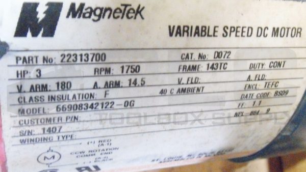 NEW MAGNETEK 66908342122-0G 22313700 VARIALE SPEED DC MOTOR FR 143TC 3 RPM 1750 - Image 6