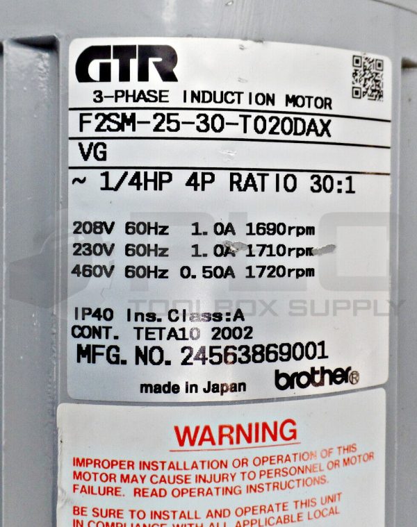 NEW GTR F2SM-25-30-T020DAX VG 3-PHASE INDUCTION MOTOR 1/4HP 4P RATIO 30:1 - Image 4
