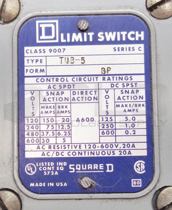 NEW SQUARE D 9007 TUB-5 SER C LIMIT SWITCH 600V AC 15A DC 0.2A TUB5 75200 - Image 5
