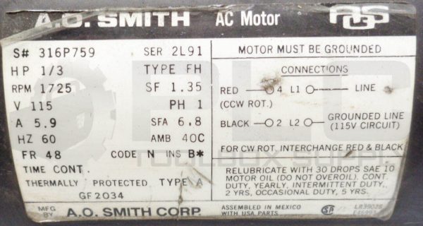 NEW REGAL BELOIT A.O. SMITH GF2034 AC MOTOR 1725RPM 1/3HP 1PH 5.9AMP 60HZ 115V - Image 6