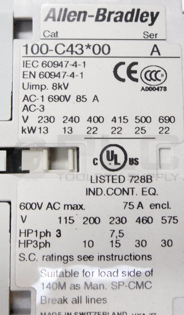 NEW ALLEN BRADLEY 100-C43D10 /A CONTACTOR 1N.O. AUX, 110V50/120V60Hz 100-C43*00 - Image 6