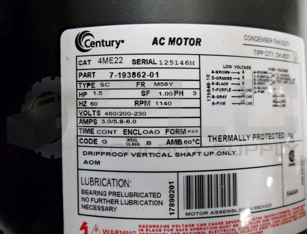 NEW CENTURY 7-193862-01 AME22 AC MOTOR, 1.5HP, 1140 RPM, FR: M56Y - Image 5