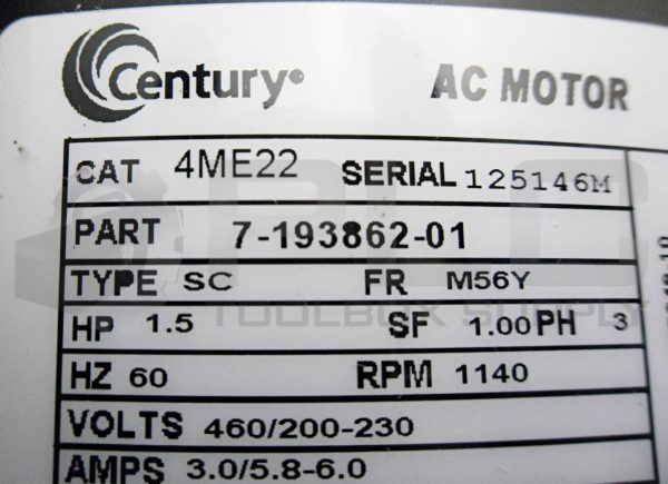 NEW CENTURY 7-193862-01 AME22 AC MOTOR, 1.5HP, 1140 RPM, FR: M56Y - Image 6