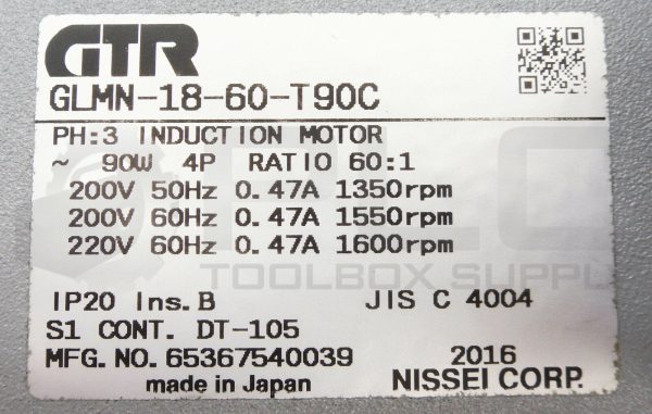 NEW NISSEI CORP. GLMN-18-60-T90C 3 PHASE INDUCTION MOTOR 90W 4P RATIO-60:1 - Image 5