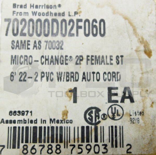 NEW BRAD HARRISON WOODHEAD 702000D02F060 CORDSET, 2P FEMALE ST, 6' 22-2 PVC - Image 4
