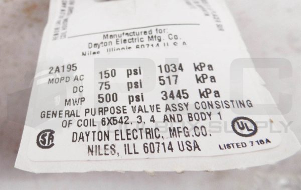 NEW DAYTON 2A195 SOLENOID VALVE 2 WAY 1/4"NPTF 1/8"PORT - Image 5