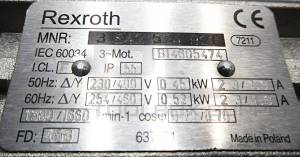 NEW REXROTH 3 842 524 921 MOTOR 50/60Hz 1380/1660RPM 3PH FD: 458 B14605474 - Image 5