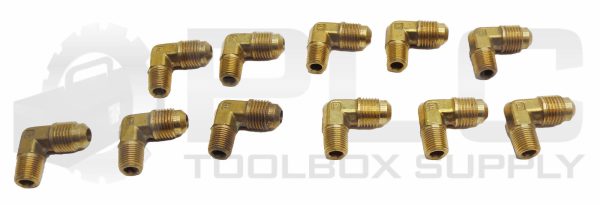 LOT OF 11 NEW PARKER 3/8" OD MALE X 1/2" OD MALE FLARE 90° ELBOW FITTINGS BRASS