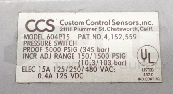 NEW CCS CUSTOM CONTROL SENSORS 604P15 PRESSURE SWITCH - Image 6