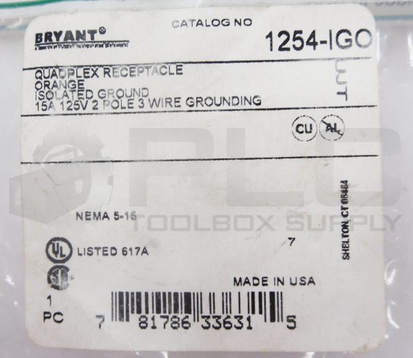 LOT OF 2 NEW BRYANT 1254-IGO QUADPLEX RECEPTACLE ORANGE 15A 125V 2P 3W - Image 8