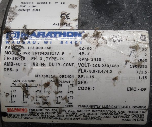 MARATHON ELECTRIC 113.000.368 JET PUMP MOTOR FR:56J-75 3HP 3450/2850RPM - Image 6