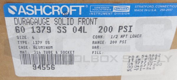 NEW ASHCROFT 60-1379-SS-04L PRESSURE GAUGE 200PSI 1379SS 1/2"NPT 60 1379 SS 04L - Image 6
